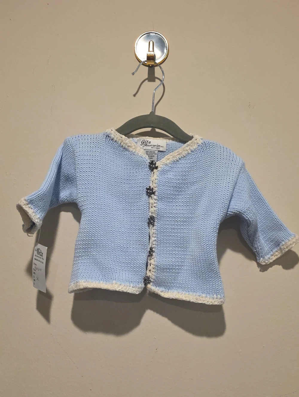 Gita Accessories Light Blue Knit Baby Cardigan with Cream Trim 6- 12 Months